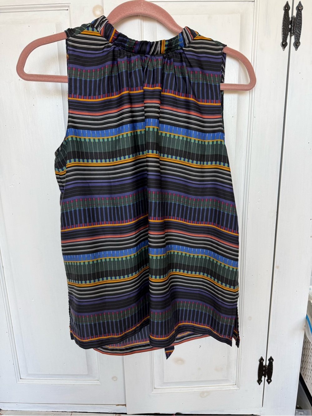 LOFT Striped Sleeveless Blouse in Black with Blue, Green, Orange, Purple Accents